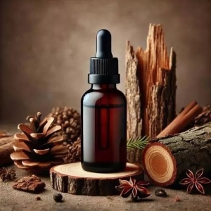 Fläschchen mit Öl und Holz